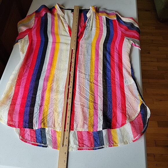 RD & Koko‎ Semi Sheer Rainbow Stripe Button Down Top Roll Tab Sleeve Split Neck - Picture 11 of 13